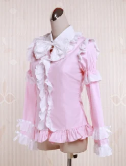 Toussaint Cosplay Lolita Blouse rose manches longues en coton volants blanc Bow Trim Déguisements Halloween