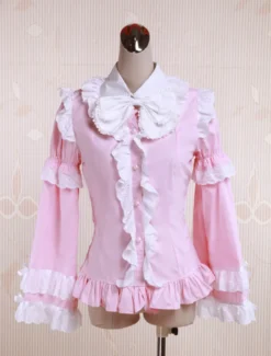 Toussaint Cosplay Lolita Blouse rose manches longues en coton volants blanc Bow Trim Déguisements Halloween