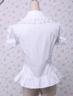 Toussaint Cosplay Lolita Chemisier blanc doux blouse manches courtes Turn-down garniture de dentelle Déguisements Halloween