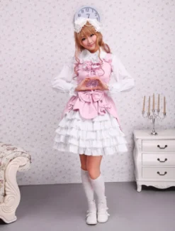 Toussaint Cosplay Lolita Jupe rose blanche douce encoton Lace Up volants couches arcs Déguisements Halloween