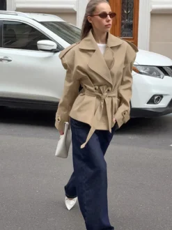 Trench-coat court kaki à ceinture pour femme - Veste croisée chic - Collection printemps 2026