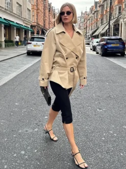 Trench-coat croisé pour femme - Coupe-vent court classique à revers et ceinture - Style streetwear décontracté et oversize printemps 2026