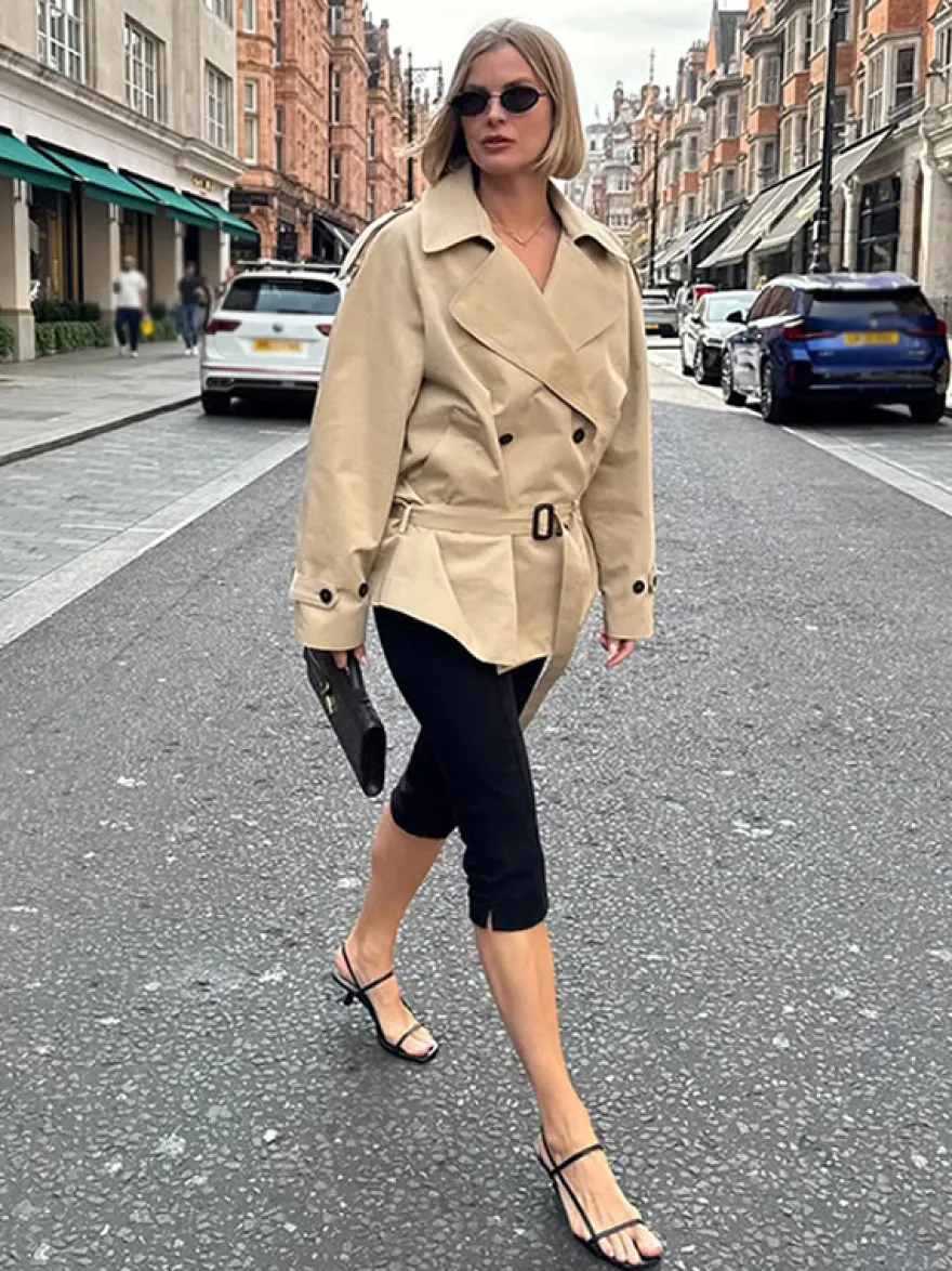 Trench-coat croisé pour femme - Coupe-vent court classique à revers et ceinture - Style streetwear décontracté et oversize printemps 2026