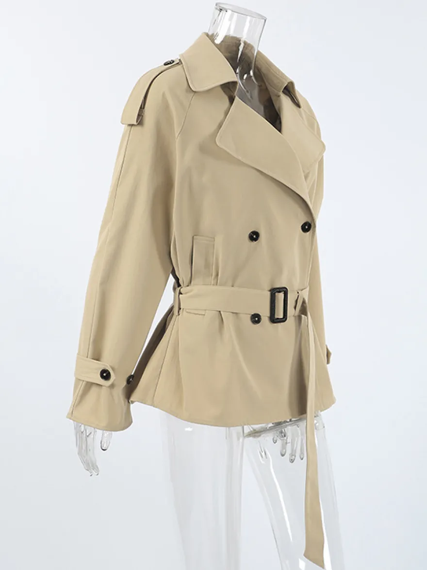 Trench-coat croisé pour femme - Coupe-vent court classique à revers et ceinture - Style streetwear décontracté et oversize printemps 2026