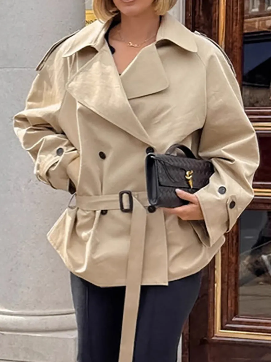 Trench-coat croisé pour femme - Coupe-vent court classique à revers et ceinture - Style streetwear décontracté et oversize printemps 2026