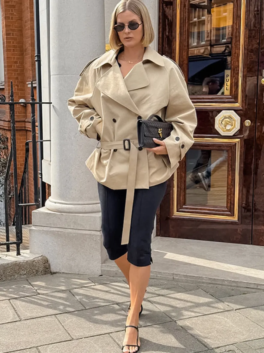 Trench-coat croisé pour femme - Coupe-vent court classique à revers et ceinture - Style streetwear décontracté et oversize printemps 2026