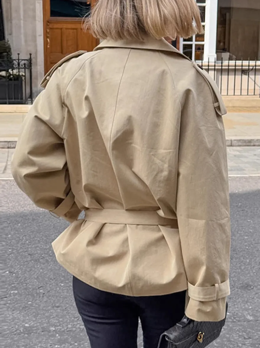 Trench-coat croisé pour femme - Coupe-vent court classique à revers et ceinture - Style streetwear décontracté et oversize printemps 2026