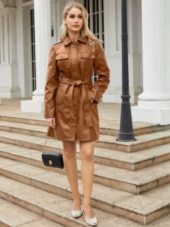 Trench-Coat en cuir PU col rabattu manches longues vêtements d'extérieur d'automne
