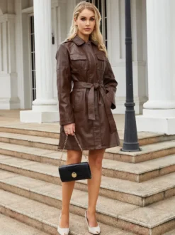 Trench-Coat en cuir PU col rabattu manches longues vêtements d'extérieur d'automne