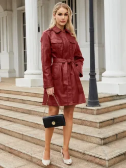 Trench-Coat en cuir PU col rabattu manches longues vêtements d'extérieur d'automne