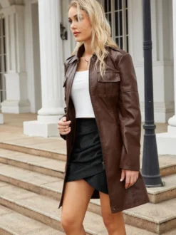 Trench-Coat en cuir PU col rabattu manches longues vêtements d'extérieur d'automne