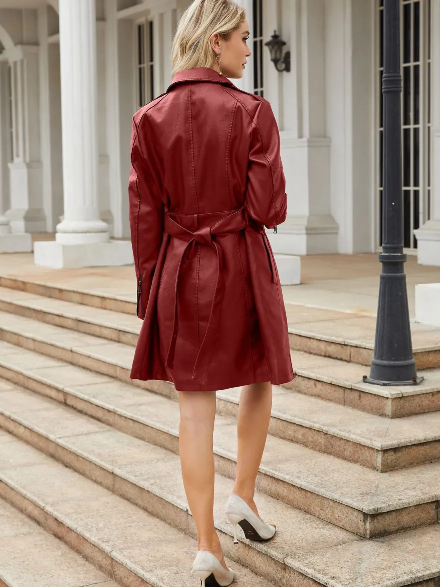 Trench-Coat en cuir PU col rabattu manches longues vêtements d'extérieur d'automne