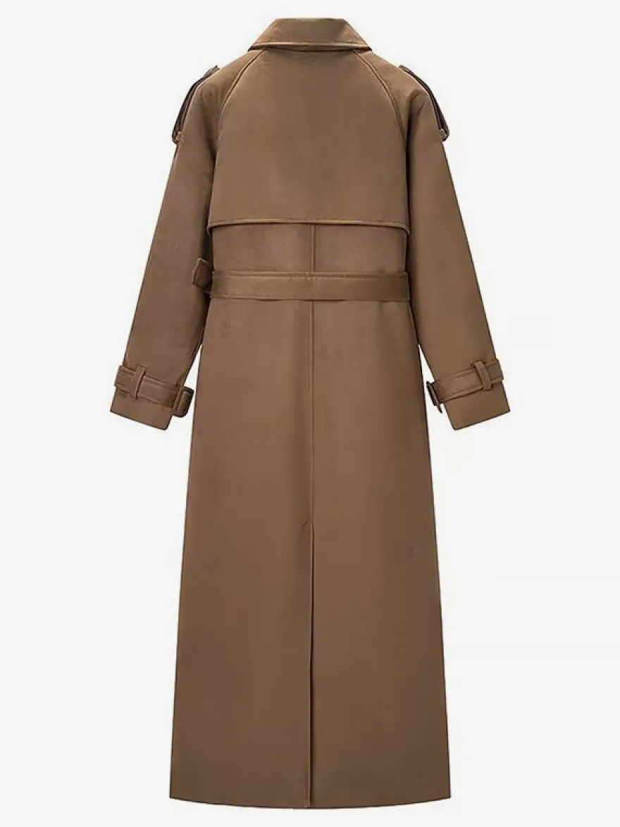 Trench-coat en faux daim pour femme - Veste maxi rétro croisée ceinturée - Style printemps-été 2026