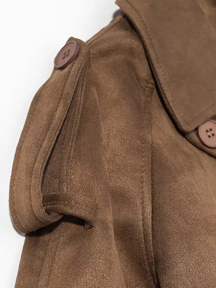 Trench-coat en faux daim pour femme - Veste maxi rétro croisée ceinturée - Style printemps-été 2026