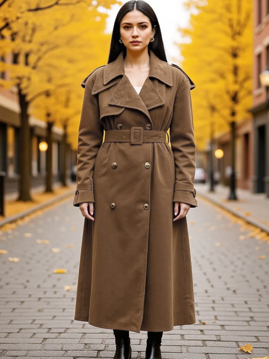 Trench-coat en faux daim pour femme - Veste maxi rétro croisée ceinturée - Style printemps-été 2026