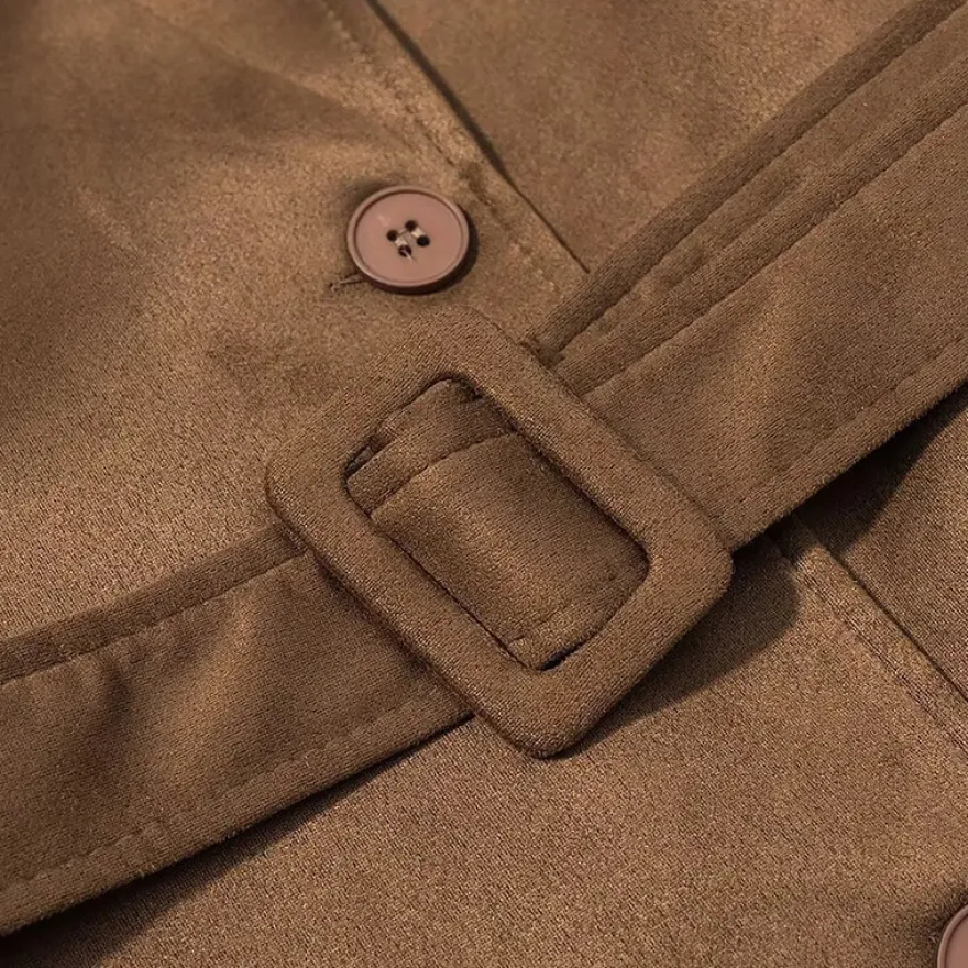 Trench-coat en faux daim pour femme - Veste maxi rétro croisée ceinturée - Style printemps-été 2026