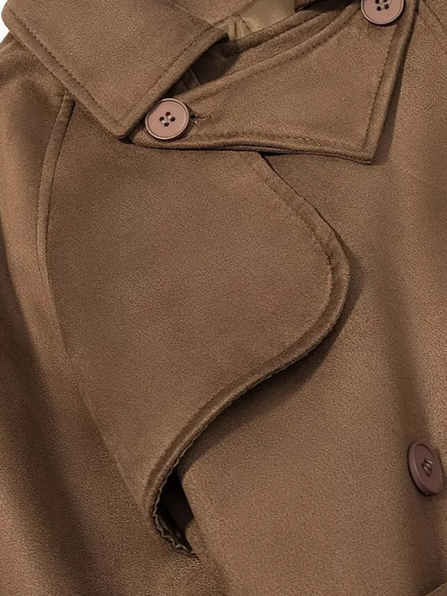 Trench-coat en faux daim pour femme - Veste maxi rétro croisée ceinturée - Style printemps-été 2026