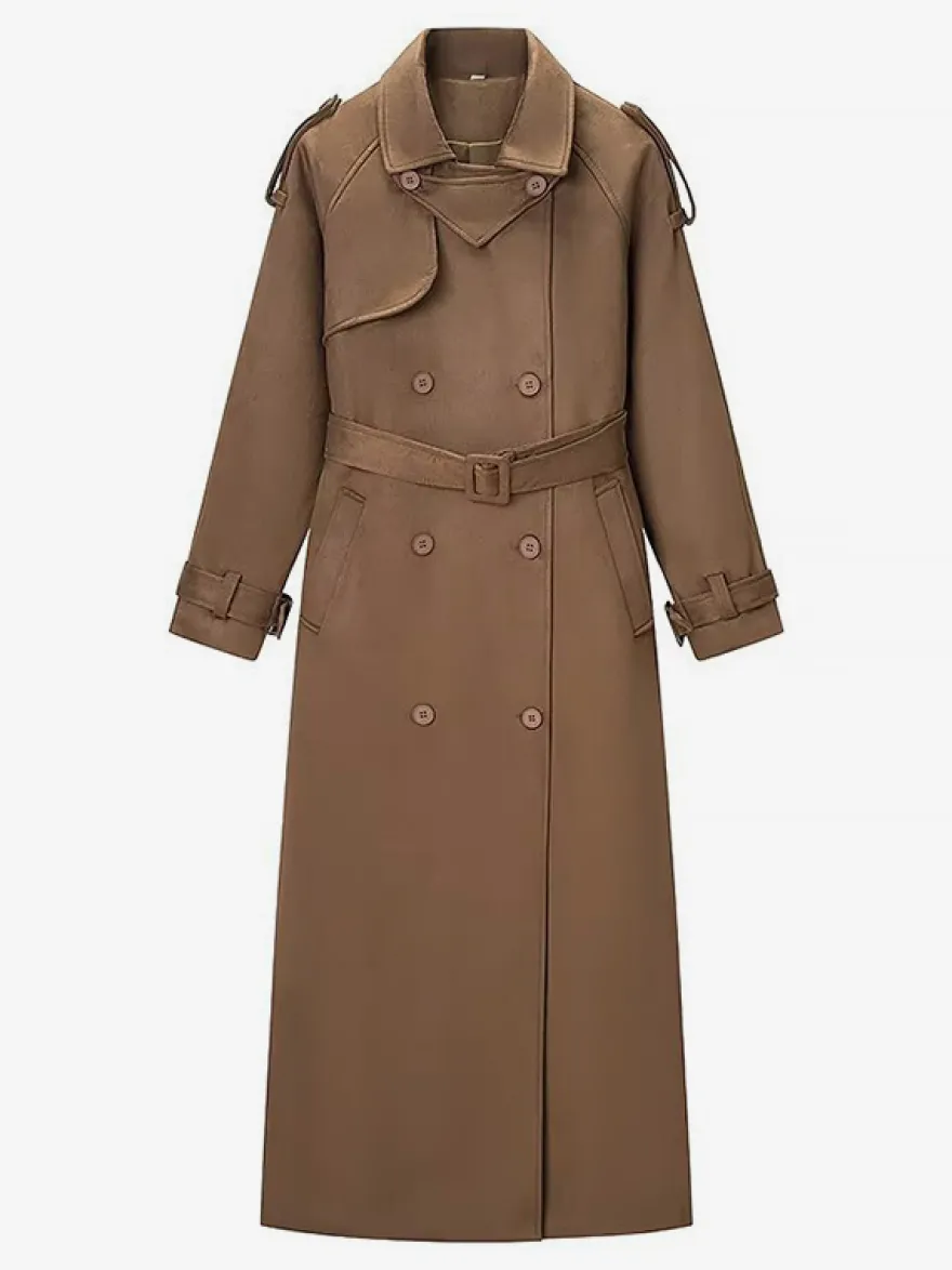 Trench-coat en faux daim pour femme - Veste maxi rétro croisée ceinturée - Style printemps-été 2026