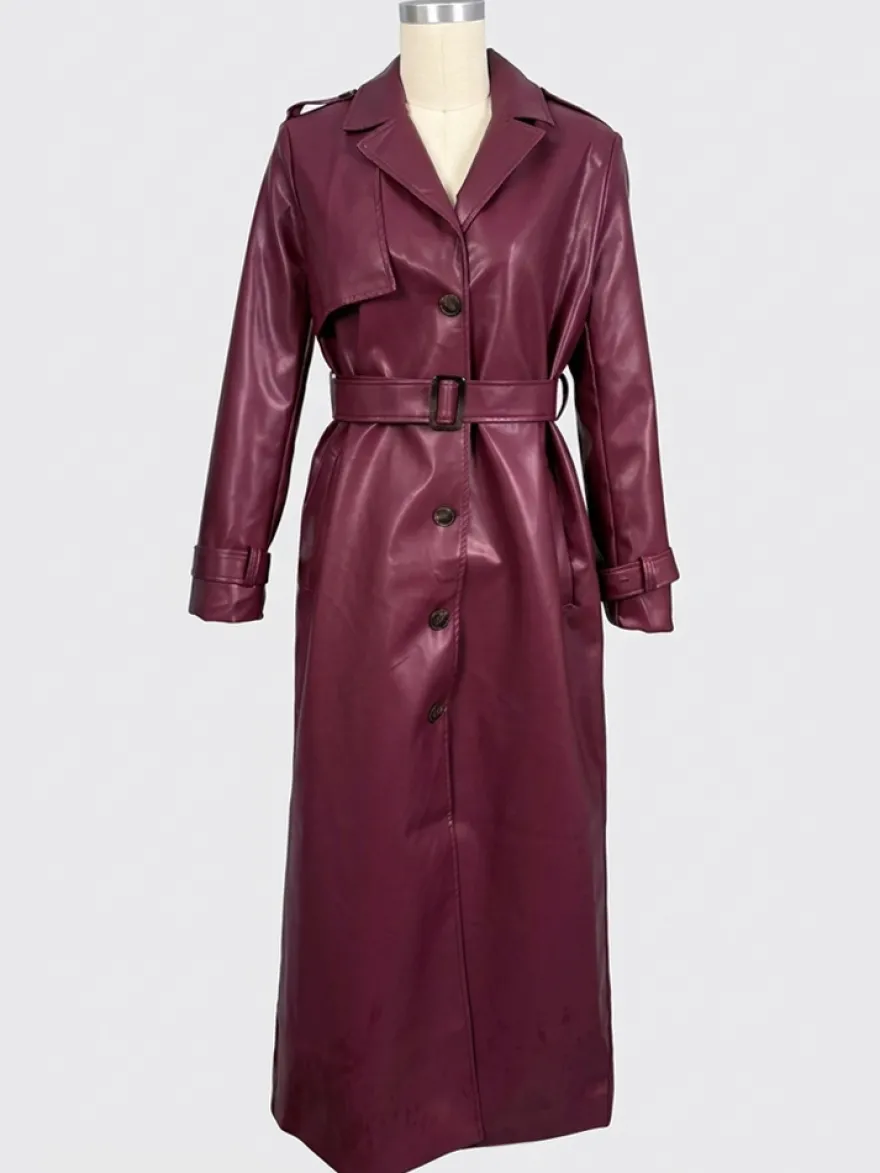 Trench-coat en similicuir pour femme - Veste maxi ceinturée à simple boutonnage - Vêtements d'extérieur chics pour le printemps 2026