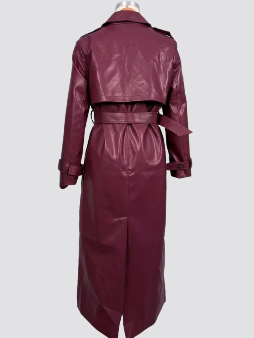 Trench-coat en similicuir pour femme - Veste maxi ceinturée à simple boutonnage - Vêtements d'extérieur chics pour le printemps 2026
