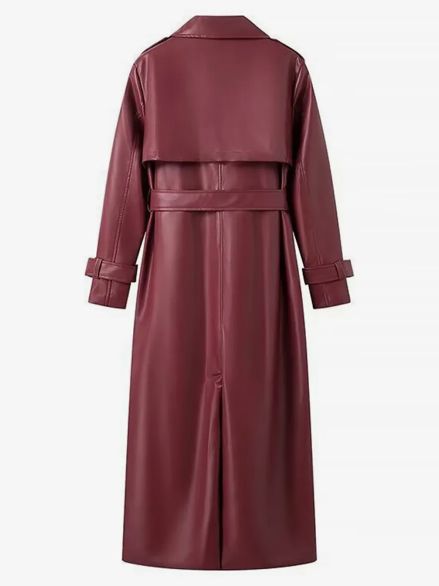 Trench-coat en similicuir pour femme - Veste maxi ceinturée à simple boutonnage - Vêtements d'extérieur chics pour le printemps 2026