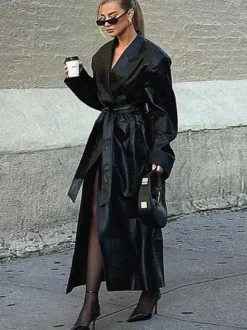 Trench-coat en similicuir pour femme - Veste maxi ceinturée à simple boutonnage - Vêtements d'extérieur chics pour le printemps 2026