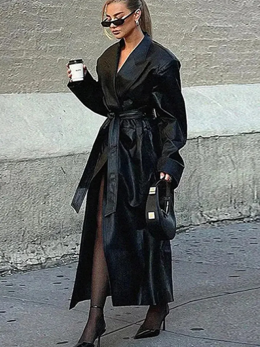 Trench-coat en similicuir pour femme - Veste maxi ceinturée à simple boutonnage - Vêtements d'extérieur chics pour le printemps 2026