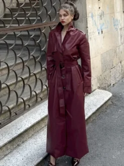 Trench-coat en similicuir pour femme - Veste maxi ceinturée à simple boutonnage - Vêtements d'extérieur chics pour le printemps 2026