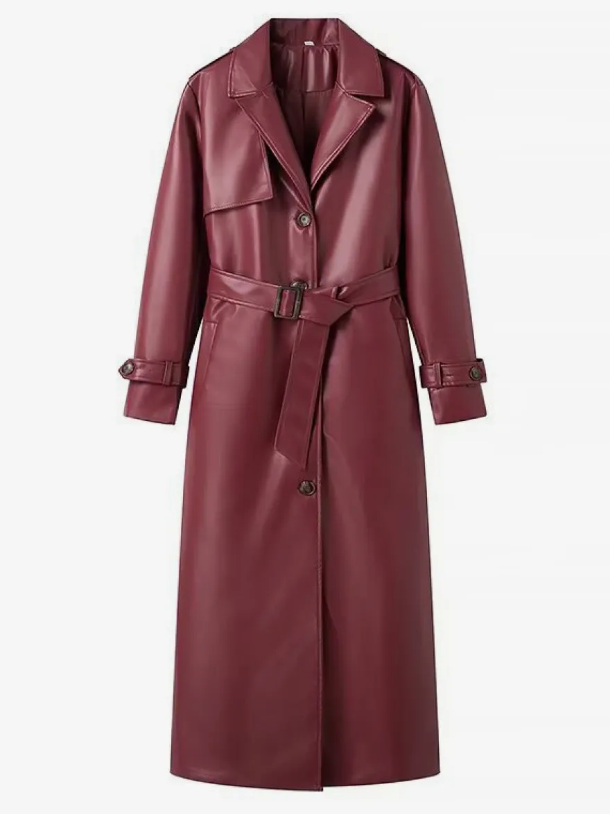 Trench-coat en similicuir pour femme - Veste maxi ceinturée à simple boutonnage - Vêtements d'extérieur chics pour le printemps 2026