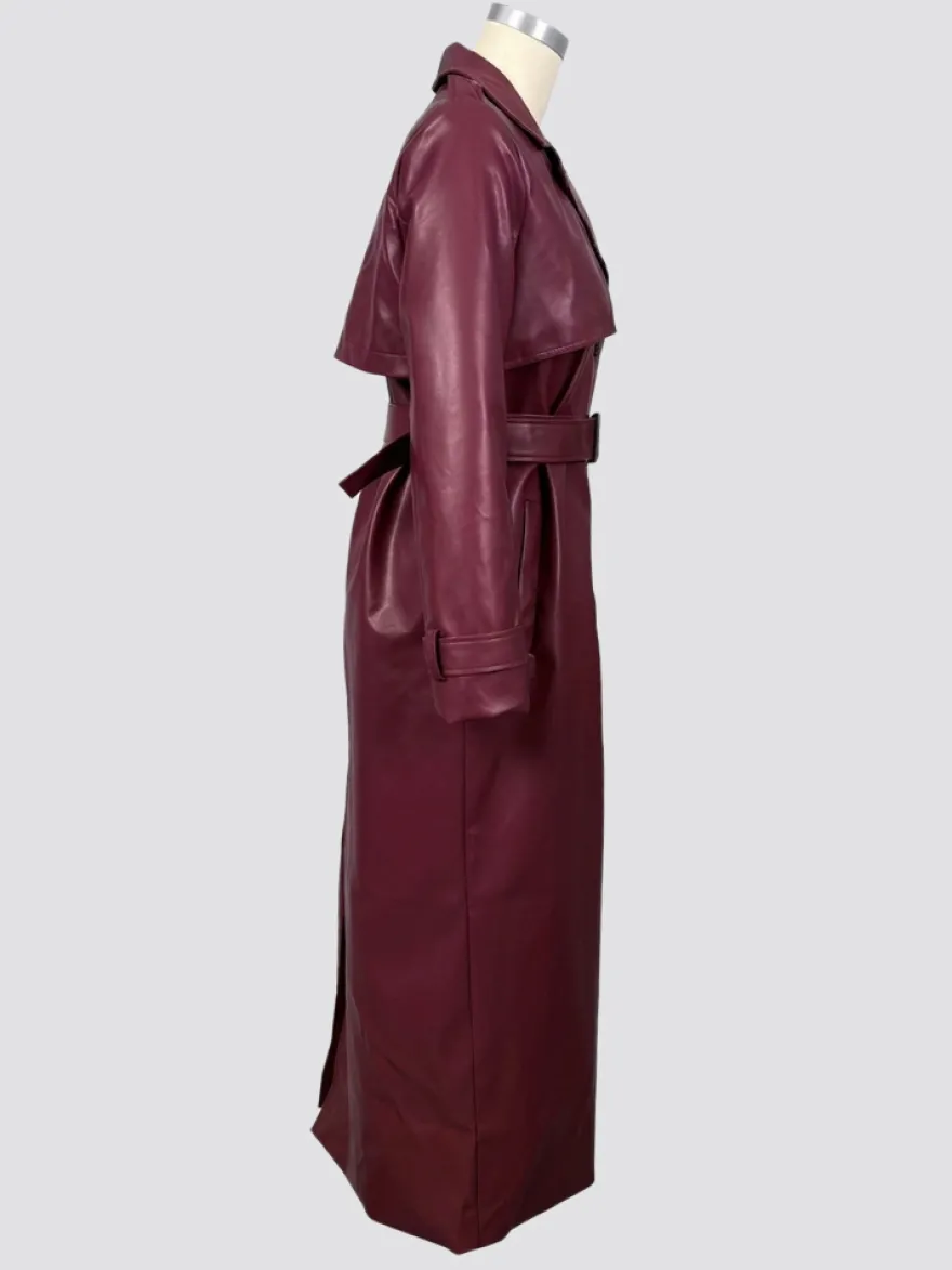 Trench-coat en similicuir pour femme - Veste maxi ceinturée à simple boutonnage - Vêtements d'extérieur chics pour le printemps 2026