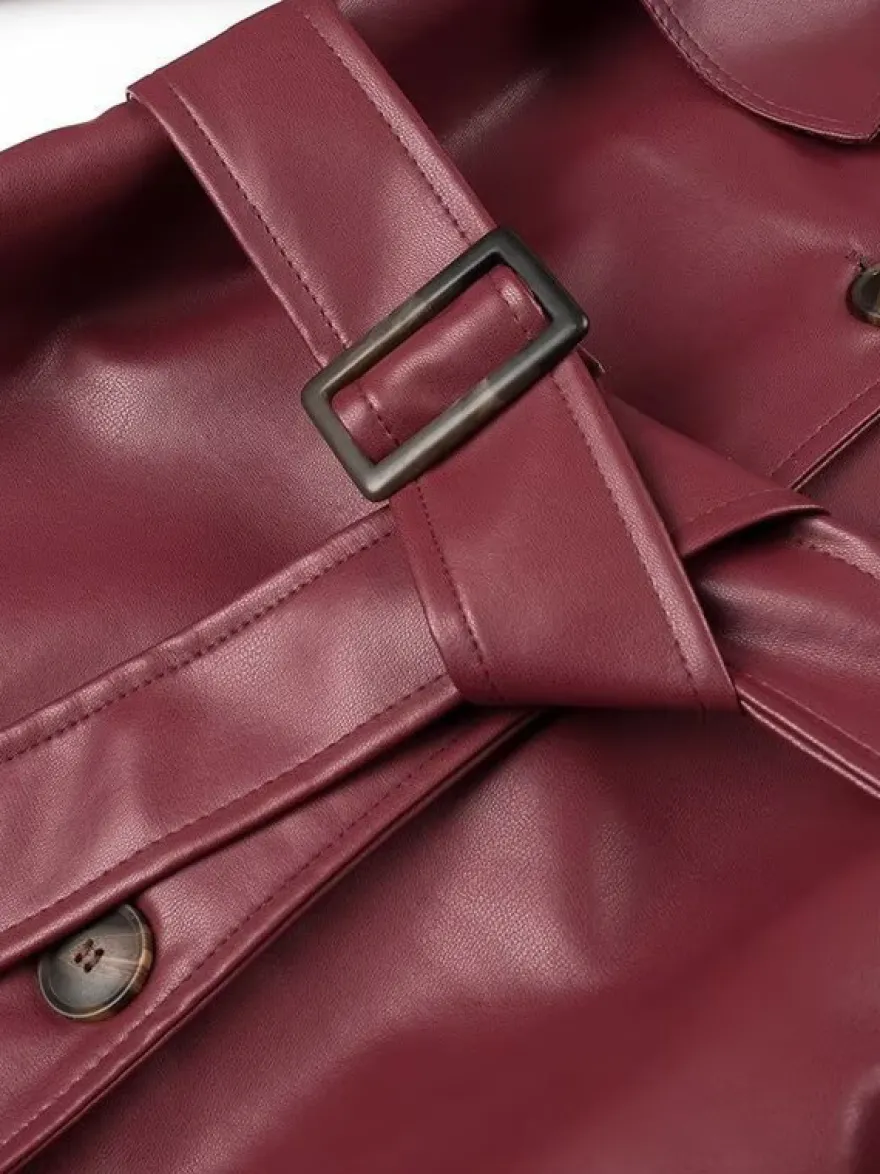 Trench-coat en similicuir pour femme - Veste maxi ceinturée à simple boutonnage - Vêtements d'extérieur chics pour le printemps 2026