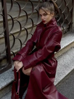 Trench-coat en similicuir pour femme - Veste maxi ceinturée à simple boutonnage - Vêtements d'extérieur chics pour le printemps 2026