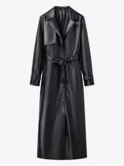 Trench-coat en similicuir pour femme - Veste maxi ceinturée à simple boutonnage - Vêtements d'extérieur chics pour le printemps 2026