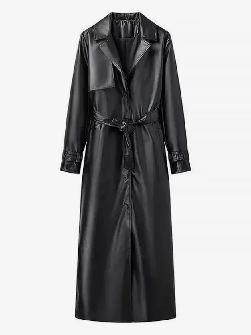Trench-coat en similicuir pour femme - Veste maxi ceinturée à simple boutonnage - Vêtements d'extérieur chics pour le printemps 2026