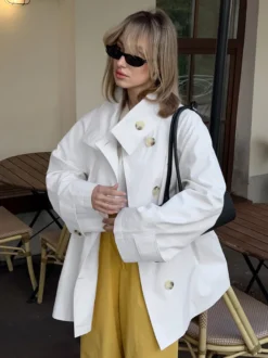 Trench-coat femme en mélange de coton - Coupe oversize minimaliste à double boutonnage et manches larges - Collection printemps-été 2026