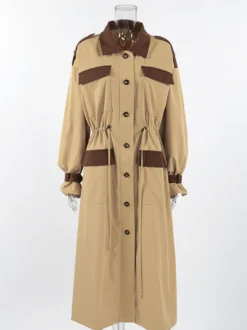 Trench-coat long Barn Color Block pour femme - Coupe longue utilitaire à cordon de serrage - Style safari idéal pour le printemps 2026