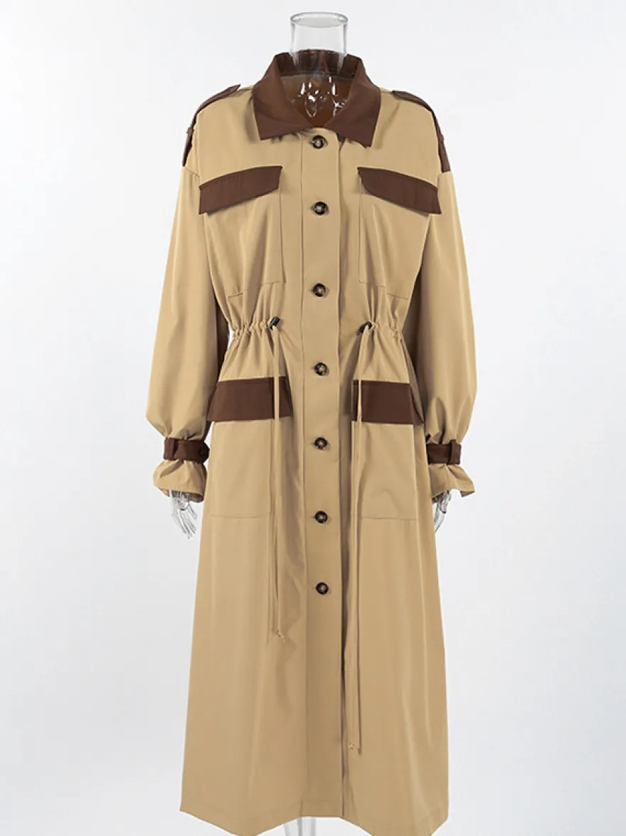 Trench-coat long Barn Color Block pour femme - Coupe longue utilitaire à cordon de serrage - Style safari idéal pour le printemps 2026