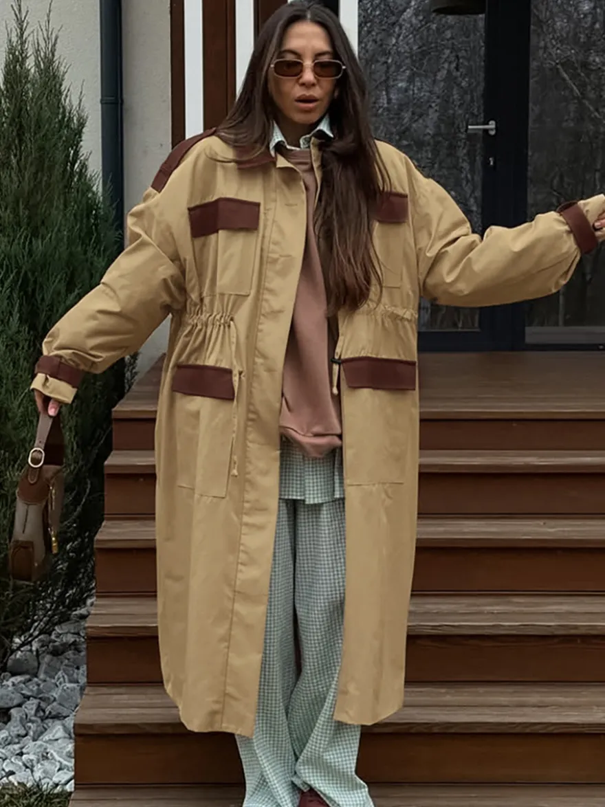 Trench-coat long Barn Color Block pour femme - Coupe longue utilitaire à cordon de serrage - Style safari idéal pour le printemps 2026