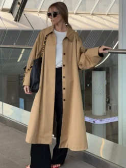Trench-coat long classique pour femme - Kaki minimaliste coupe décontractée boutonnage simple - Vêtements d'extérieur printemps 2026 parfaits pour le bureau et le dîner