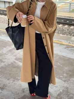 Trench-coat long classique pour femme - Kaki minimaliste coupe décontractée boutonnage simple - Vêtements d'extérieur printemps 2026 parfaits pour le bureau et le dîner
