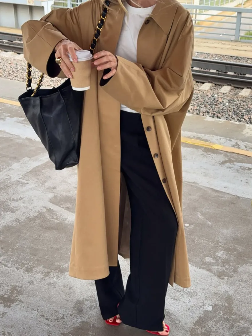 Trench-coat long classique pour femme - Kaki minimaliste coupe décontractée boutonnage simple - Vêtements d'extérieur printemps 2026 parfaits pour le bureau et le dîner