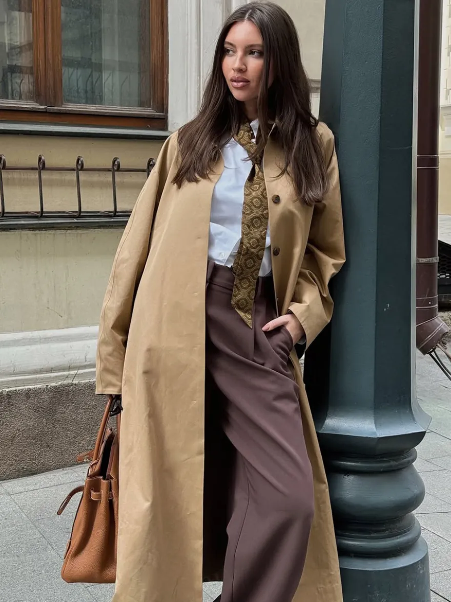 Trench-coat long classique pour femme - Kaki minimaliste coupe décontractée boutonnage simple - Vêtements d'extérieur printemps 2026 parfaits pour le bureau et le dîner