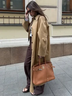 Trench-coat long classique pour femme - Kaki minimaliste coupe décontractée boutonnage simple - Vêtements d'extérieur printemps 2026 parfaits pour le bureau et le dîner