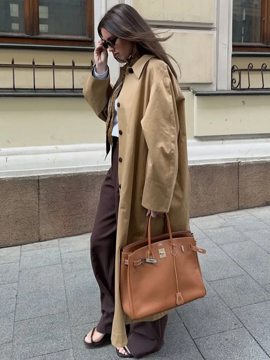 Trench-coat long classique pour femme - Kaki minimaliste coupe décontractée boutonnage simple - Vêtements d'extérieur printemps 2026 parfaits pour le bureau et le dîner