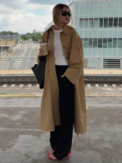Trench-coat long classique pour femme - Kaki minimaliste coupe décontractée boutonnage simple - Vêtements d'extérieur printemps 2026 parfaits pour le bureau et le dîner