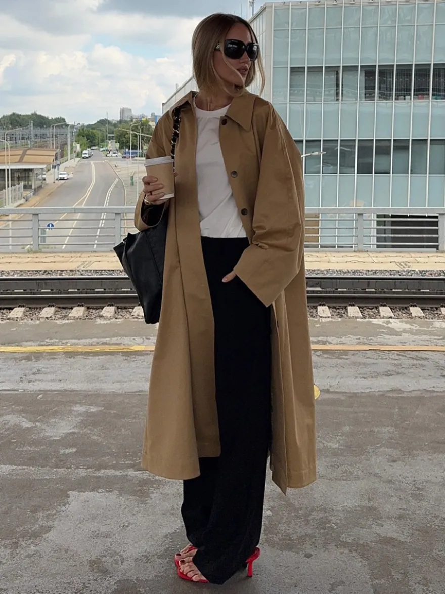 Trench-coat long classique pour femme - Kaki minimaliste coupe décontractée boutonnage simple - Vêtements d'extérieur printemps 2026 parfaits pour le bureau et le dîner