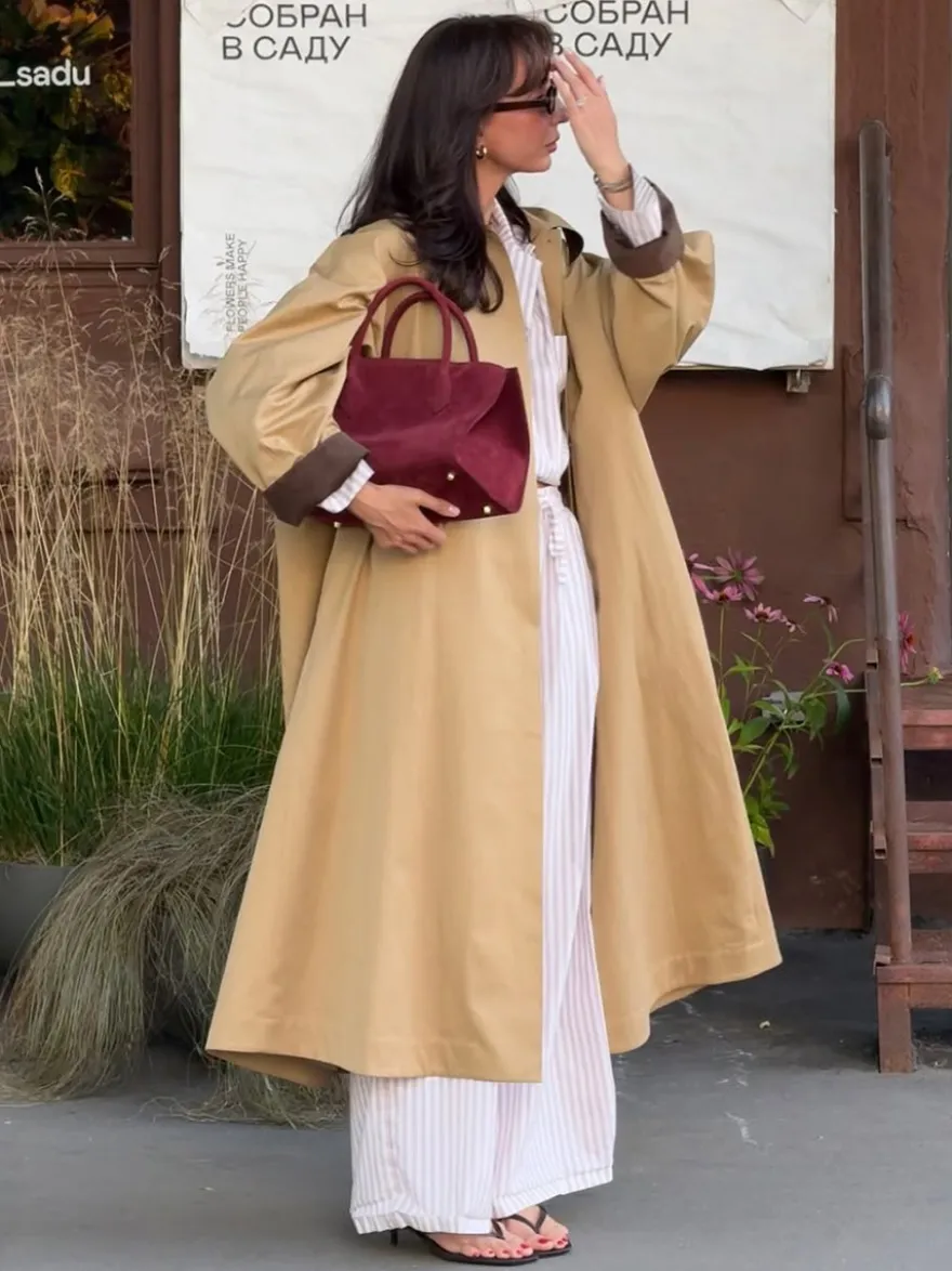 Trench-coat long classique pour femme - Kaki minimaliste coupe décontractée boutonnage simple - Vêtements d'extérieur printemps 2026 parfaits pour le bureau et le dîner