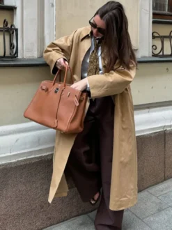 Trench-coat long classique pour femme - Kaki minimaliste coupe décontractée boutonnage simple - Vêtements d'extérieur printemps 2026 parfaits pour le bureau et le dîner