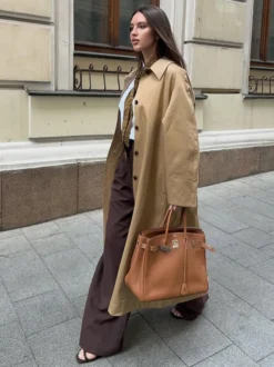 Trench-coat long classique pour femme - Kaki minimaliste coupe décontractée boutonnage simple - Vêtements d'extérieur printemps 2026 parfaits pour le bureau et le dîner