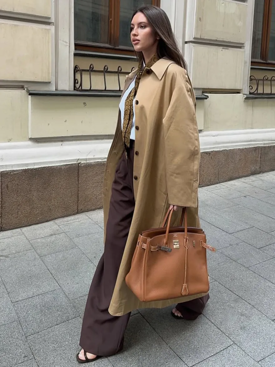 Trench-coat long classique pour femme - Kaki minimaliste coupe décontractée boutonnage simple - Vêtements d'extérieur printemps 2026 parfaits pour le bureau et le dîner